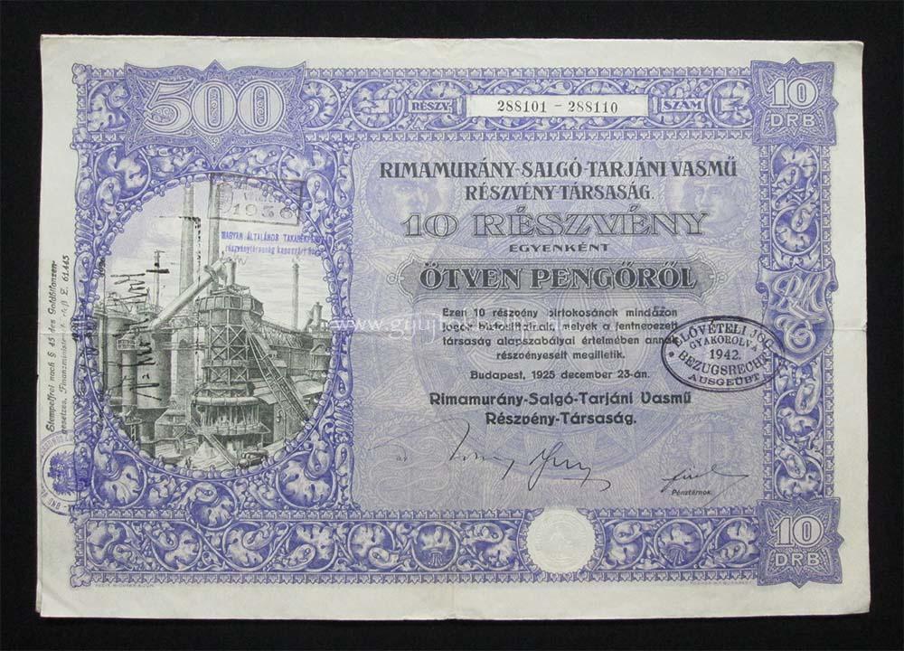 Rimamurány-Salgótarjáni Vasmű részvény 10x50 pengő 1925